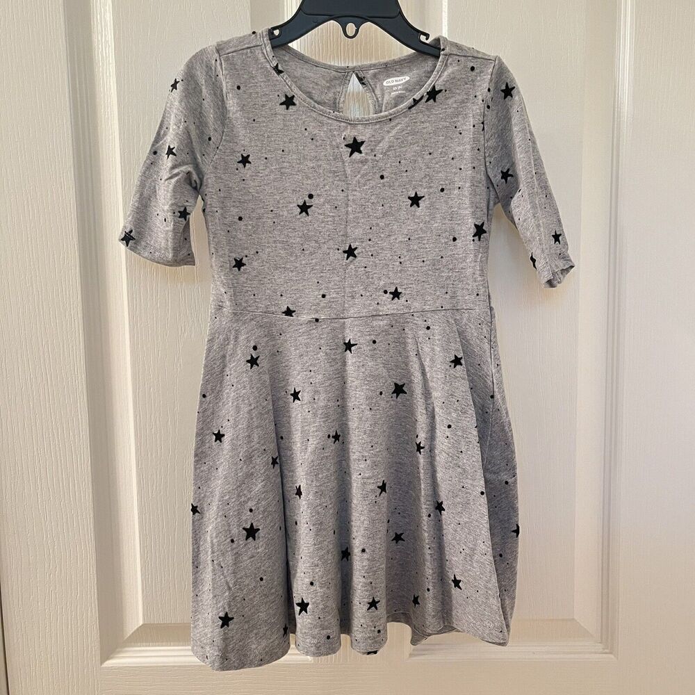 Old Navy Gray Stars Skater Dress 3/4 Sleeve Girls Size XS 5